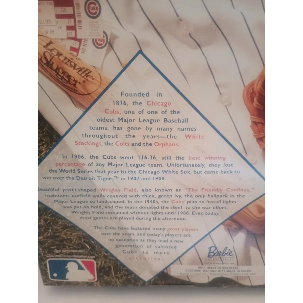 Vintage 1999 Mattel MLB Chicago Cubs Barbie Doll With Real Wooden Bat